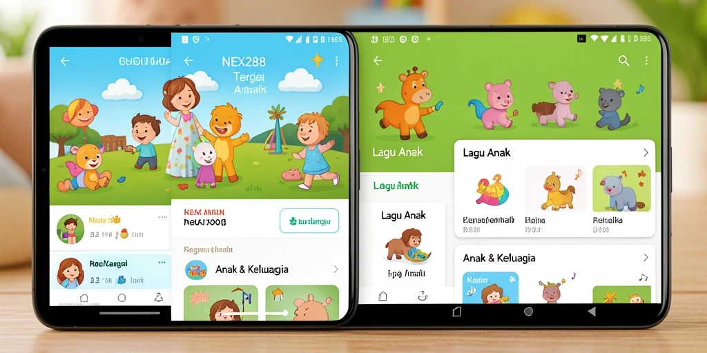 Antarmuka aplikasi NEX288 dengan berbagai pilihan lagu anak.
