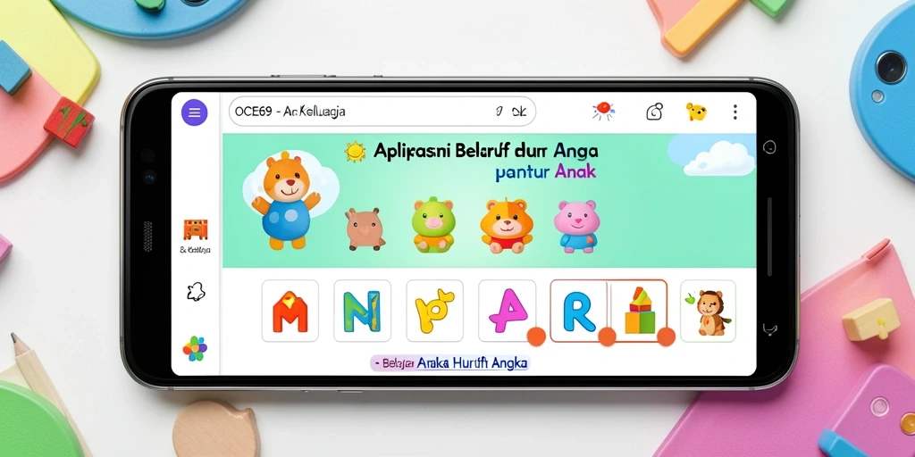 Antarmuka aplikasi OCE69 yang menarik untuk belajar huruf dan angka.